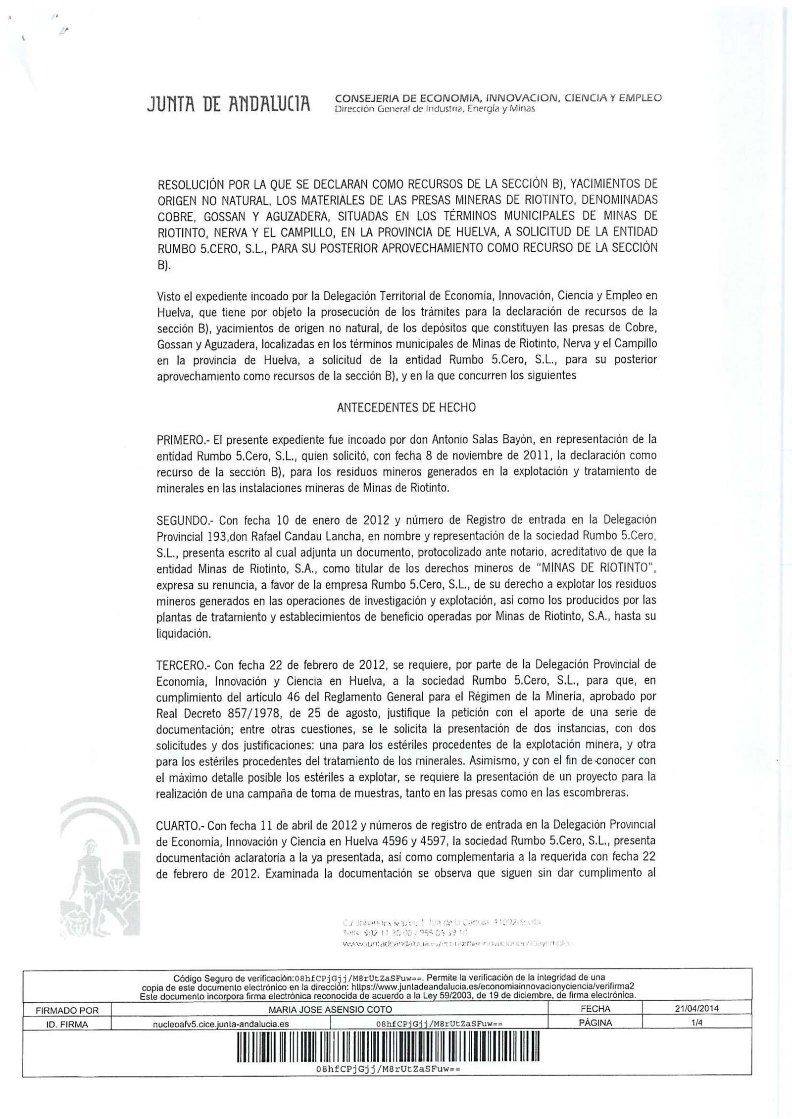 Declaración como Recursos de la Sección B a las Balsas de Rio Tinto